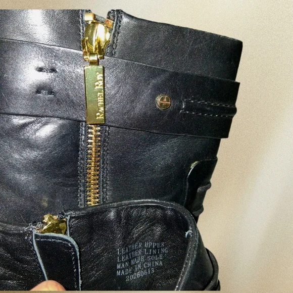 RACHEL Rachel Roy Black Leather Wedge Heel Boot Gold Accents Buckles Size 7 - Picture 8 of 14